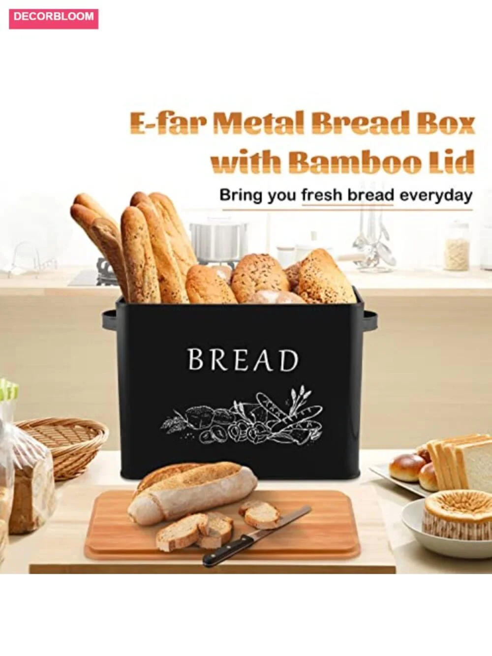 E-far Bread Box Metal Storage Container with Bamboo Lid